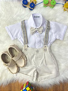 Conjunto Social Bebê Short Susp. Bege Claro e Camisa Branca
