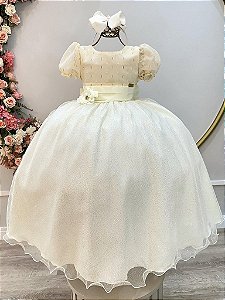 Vestido Infantil Longo Marfim Aplique Broche Flor Daminhas Festas