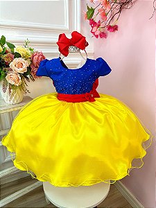 Vestido Infantil Branca de Neve Amarelo Azul Broche
