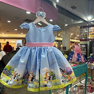 Vestido Infantil Bluey e Bingo Azul Festa Luxo Tam 1 ao 10
