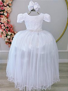 Vestido Infantil Branco Renda Pérolas Festa Luxo