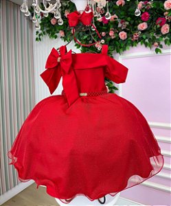 Vestido Vermelho Infantil para o Natal Tule Glitter Luxo