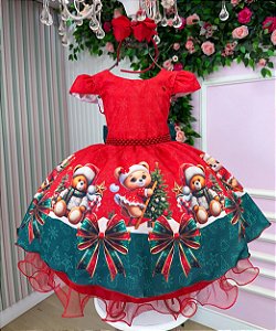 Vestido Infantil Verde Urso Teddy Natal Festa Luxo