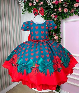 Vestido Infantil Festa Natalina Floral Rosas Verde