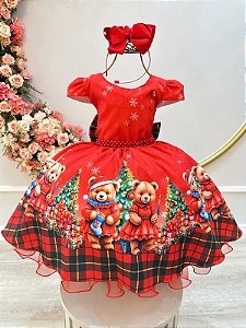 Vestido Infantil Vermelho Ursinhos Festas Natal