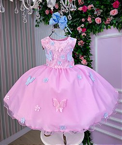 Vestido Infantil Jardim das Borboletas Rosa Bebe Batizado
