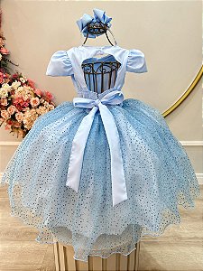 Vestido Infantil Azul Busto Nervura Saia Glitter Festas
