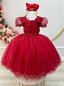 Vestido Infantil Vermelho Escuro Com Renda Daminhas Festas