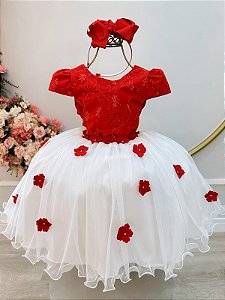 Vestido Infantil Vermelho e Off Apliques Daminhas Festas