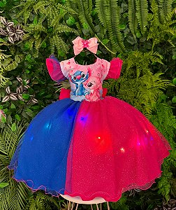 Vestido Lilo Stitch Pink e Azul com Led Tematicos