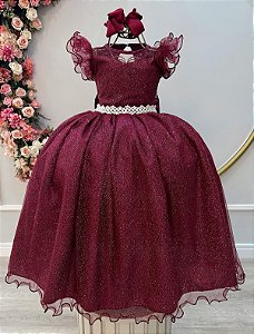 Vestido Infantil Juvenil Marsala Formatura Tule Glitter