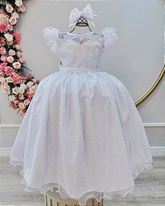 Vestido Infantil Longo Branco Daminhas de Honra Glitter