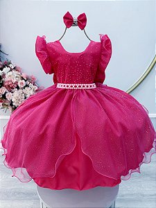 Vestido Infantil Pink Saia Tule e Glitter Daminhas