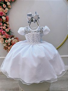 Vestido Infantil Branco Tule Bordado com Glitter Daminhas