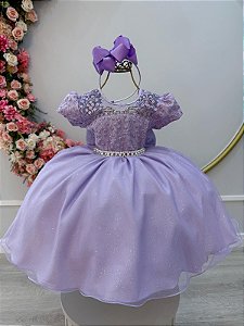 Vestido Infantil Lilás Tule Bordado com Glitter Daminhas