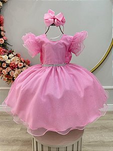 Vestido Infantil Rosa Com Glitter Festas Luxo