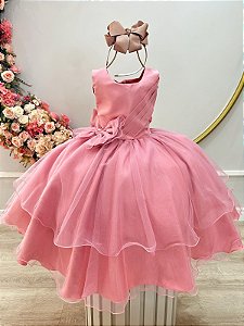 Vestido Infantil Rose Busto Drapeado Aplique Laço Damas