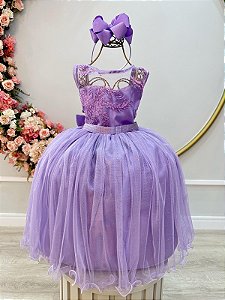 Vestido Infantil Lilás Renda Metalizada Tule Brilho Damas