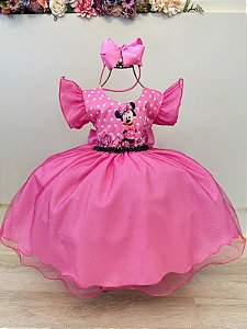 Vestido Infantil Rosa Minnie Saia Glitter Festas