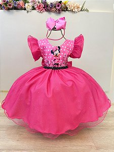 Vestido Infantil Rosa Chiclete Minnie Saia Glitter Festas