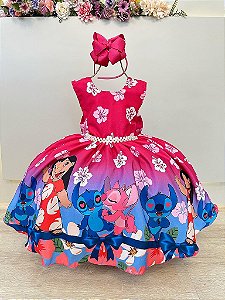 Vestido Infantil Lilo Stitch e Angel Pink Colorido Festas