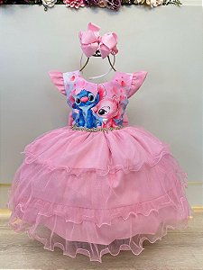 Vestido Infantil Rosa Claro Lilo Stitch e Angel Festas