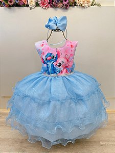 Vestido Infantil Azul Claro Lilo Stitch e Angel Festas