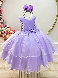 Vestido Infantil Lilás Busto Drapeado Aplique Laço Damas