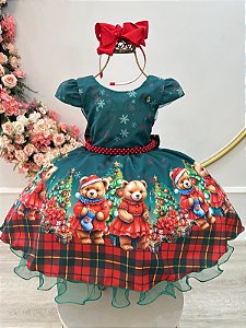 Vestido Infantil Verde Bandeira Ursinhos Natal Festas