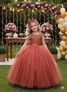 Vestido Infantil Terracota Longo Regata Festa Formatura