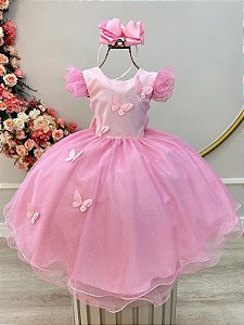 Vestido Infantil Rosa Jardim das Borboletas Festas
