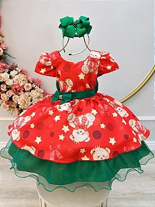 Vestido Infantil Vermelho e Verde Ursinhos Natal Festas