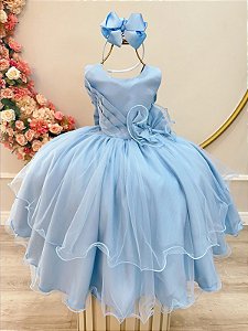 Vestido Infantil Azul Busto Drapeado Aplique de Laço Damas