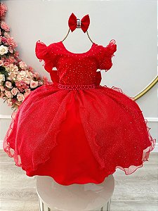 Vestido Infantil Vermelho Saia Tule e Glitter Daminha
