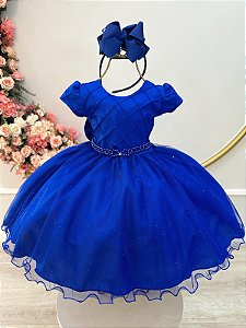 Vestido Infantil Azul Royal Busto Nervura Festas Daminhas