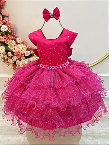 Vestido Infantil Saia Rosa Babados e Glitter