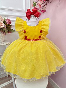 Vestido Infantil Bela e a Fera Com Babados e Strass