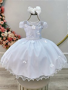Vestido Infantil Branco Aplique Borboletas Flores Pérolas