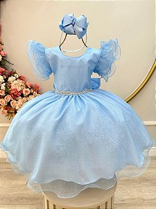 Vestido Infantil Princesa Frozen Elza Anna Azul Claro Festas