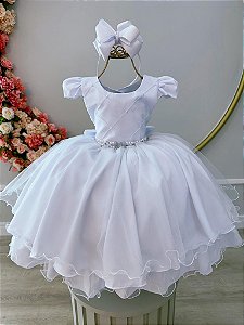 Vestido Infantil Branco Peito Nervura Pérolas Strass Luxo