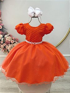 Vestido Infantil Terracota Busto Plissado Festas Glitter