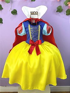 Vestido Fantasia Infantil Branca de Neve Amarelo Capa Tiara