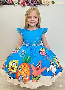 Vestido Infantil Azul Turma do Bob Esponja Festas