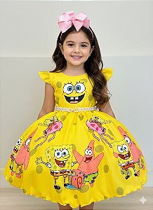 Vestido Infantil Amarelo Turma do Bob Esponja Festas
