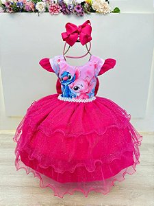 Vestido Infantil Pink Lilo Stitch e Angel Saia Babado Festas
