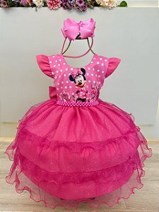 Vestido Infantil Rosa Chiclete Minnie Saia Glitter Festas
