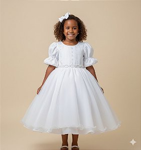 Vestido Infantil Branco Lese Midi Festa Luxo Casamento