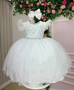 Vestido Infantil Batizado Casamento Branco Cinto Strass