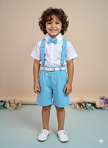 Conjunto Infantil Camisa Branca Short Susp. e Gravata Azul