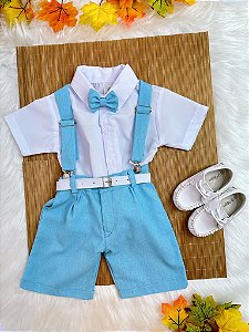 Conjunto Infantil Camisa Branca Short Susp. e Gravata Azul